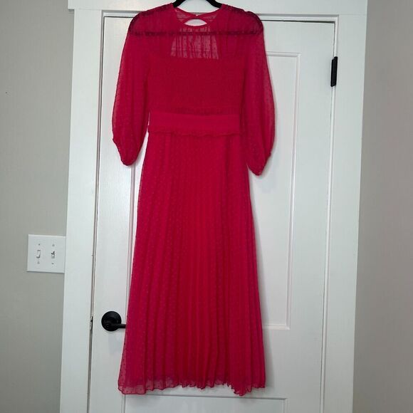 ASOS DESIGN Textured Pleated Shirred Midi Dress Hot Pink size 0 Smocked - Picture 4 of 11